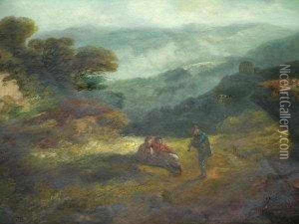 Figures In A Highland Scene With A Piper Oil Painting - John Barker