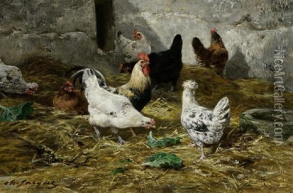 Poules A La Ferme Oil Painting - Charles Emile Jacque