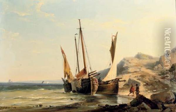 Boats Moored By A Rocky Beach Oil Painting - Johannes Hermann Barend Koekkoek