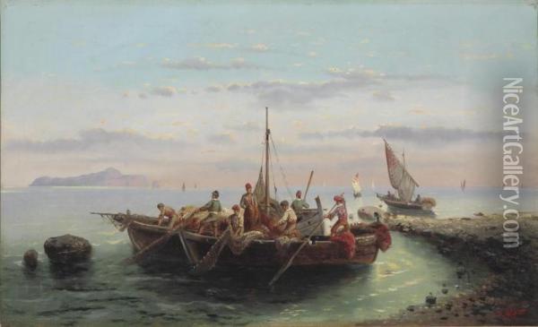 Fishing Boats On The Coast Near Capri Oil Painting - Robert Alott