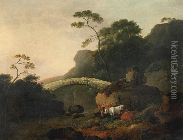 Figures And Cattle By A Stone Bridge Oil Painting - Thomas Smythe