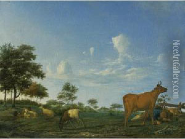 A Cow, Sheep And Goats In A Meadow With A Shepherd Asleep Oil Painting - Adrian Van De Velde