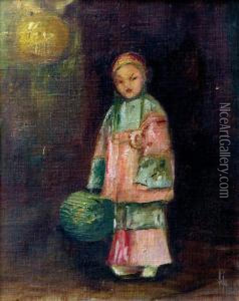 Young Girl Holding A Lantern Oil Painting - Helen Hyde