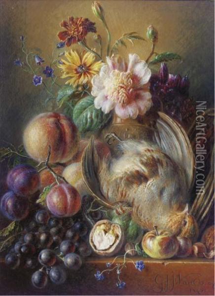 Partridge, Prunes, Peaches, Grapes And Flowers In A Vase On A Ledge Oil Painting - Georgius Jacobus J. Van Os