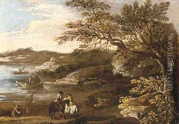 A wooded river landscape with riders on a track and fishermen beyond Oil Painting - Jan de Momper