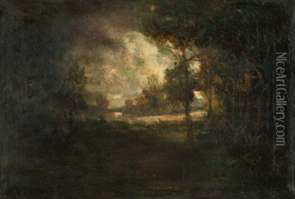House Through Trees In A Tonalist Landscape Oil Painting - William Keith