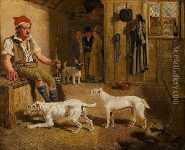 An Interior Scene With A Servant And Parson Jack Russell Hunt Terriers Oil Painting - Lambert Marshall