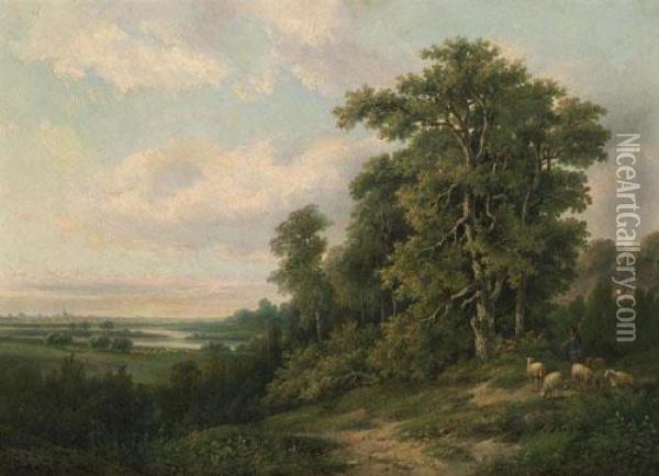Landscape With Sheep And Herdsman. Oil Painting - Marianus Adrianus Koekkoek