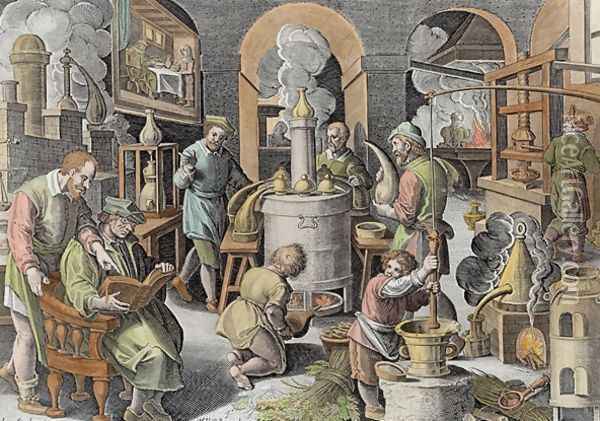 Distillation, boiling water to purify it, engraved by Philip Galle 1537-1612 Oil Painting - Giovanni Stradano
