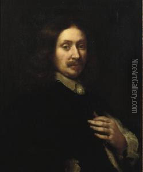 Portrait Of A Gentleman, Half-length, In A Black Costume With Awhite Chemise Oil Painting - Jacob Cornelisz Van Oostsanen