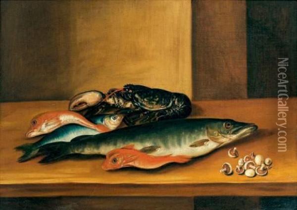 Nature Morte De Poissons, Crustaces Et Champignons Oil Painting - Claude Joseph Fraichot