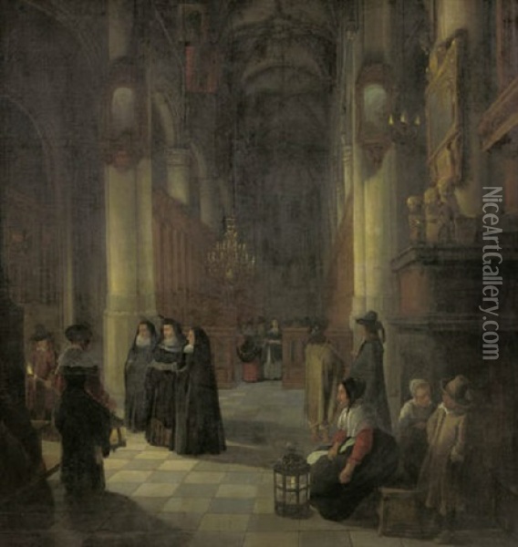 Elegant Women And Other Townsfolk In The Aisle Of A Gothic Church At Night Oil Painting - Anthonie Delorme