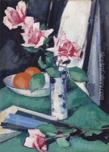 Still Life With Pink Roses And Oranges In A Blue And White Vase Oil Painting - Samuel John Peploe