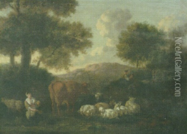 Figures In A Landscape With Cattle And Sheep Oil Painting - Karel Dujardin