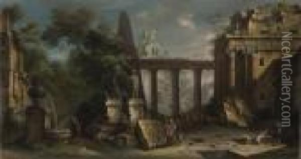 Capriccio Di Rovine Classiche Conastanti E Una Fontana Oil Painting - Marco Ricci