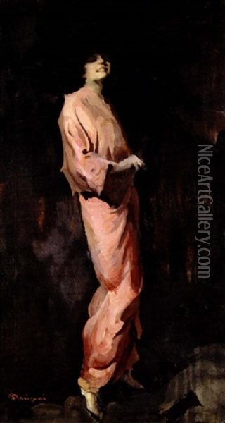 Modella In Abito Rosa Oil Painting - Giuseppe Amisani