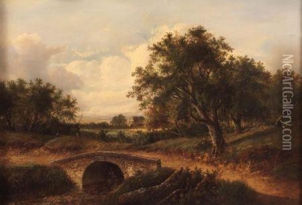 Landscape With Bridge Over River And Figuresand Cottage Oil Painting - Joseph Thors