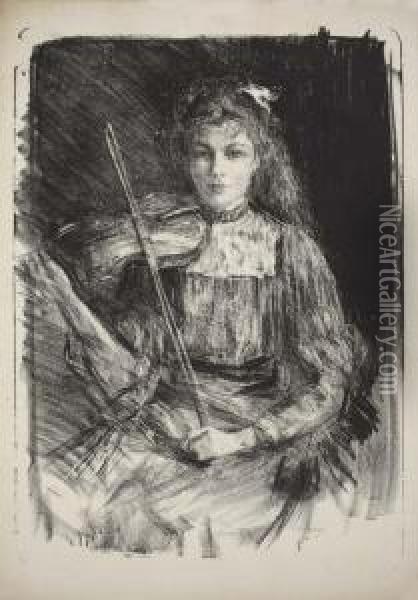 Ms. King Au Violin Oil Painting - Albert De Belleroche