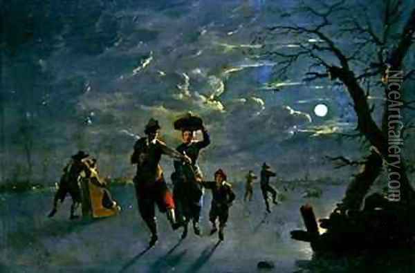 Ice Skating by Moonlight Oil Painting - Franz Ferg