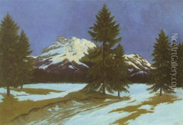 Winterabend Am Breitenstein Bei Bayrischzell Oil Painting - Lothar Rudolf Meilinger