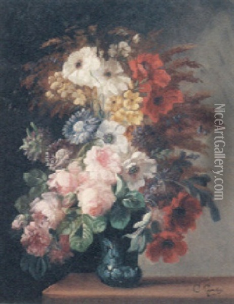 A Vase Of Summer Flowers On A Ledge Oil Painting - Clement Gontier