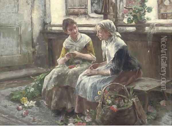 The two flower girls Oil Painting - Arthur Langhammer