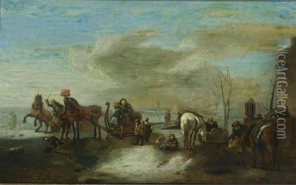 A Winter Scene With Two 
Horse-drawn Sleighs On A Frozen River With Two Horses Resting And 
Children Playing Near A House Oil Painting - Pieter Wouwermans or Wouwerman