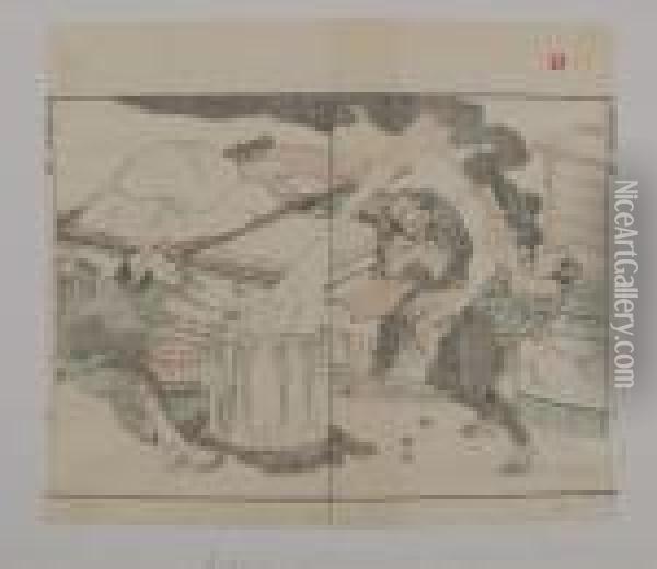 Blatt Aus Einem Skizzenbuch: Herstellung Von Neujahrskuchen Oil Painting - Katsushika Hokusai