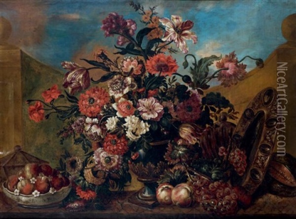 Bouquet De Fleurs Et Coupe De Peches Sur Un Entablement Oil Painting - Pierre Nicolas Huilliot
