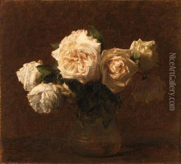 Six Roses Jaunes Dans Un Vase En Verre Oil Painting - Ignace Henri Jean Fantin-Latour