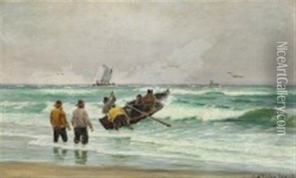 Fishermen On Skagen Beach Oil Painting - Carl Ludvig Thilson Locher