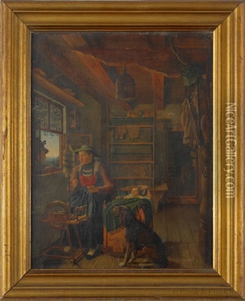 Interior With A Woman At Her Spinning Wheel Oil Painting - Karl Altmann