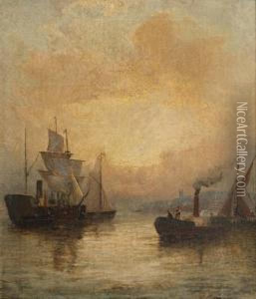 Shipping At Sunset, And Another Oil Painting - William A. Thornley Or Thornber