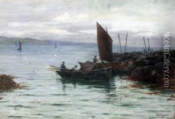 Fishing Boats Along The Coast Oil Painting - John D. Taylor