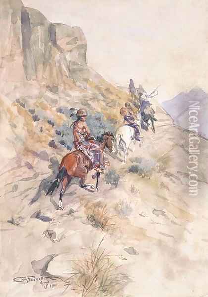 Indians on a Mountain Path Oil Painting - Charles Marion Russell