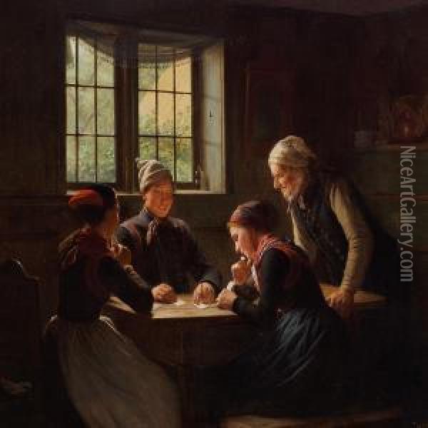 Interior With Young Peopleplaying Cards Oil Painting - Julius Exner
