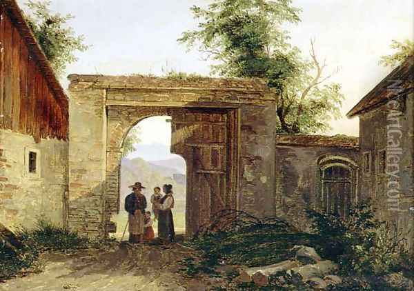 A Farmyard with peasants at a gateway Oil Painting - Ferdinand Georg Waldmuller