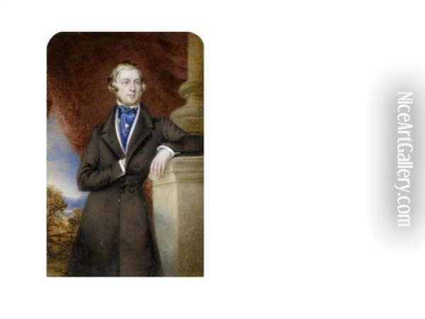Sir Frederick Acclom Milbank, 1st Baronet (1820-1898), Standing Before Drapery And A Landscape Vista, Wearing Brown Coat, White Waistcoat, Chemise And Blue Cravat Secured With Pearl Cravat Pin Oil Painting - Maria A. Chalon