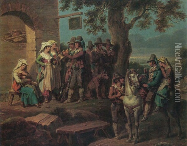 A Hunting Party Resting Before A House Oil Painting - Bartolomeo Pinelli