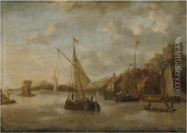 A Dutch Harbour Scene With 
Sailing Vessels And Other Shipping Nearthe Coast, With Numerous Figures 
On The Quayside, A View Of Acastle Beyond Oil Painting - Jacobus Storck