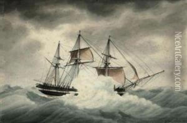 Le Grand Corneille 
 Under Reduced Sail In Stormy Weather Oil Painting - Francois-Joseph-Frederic Roux