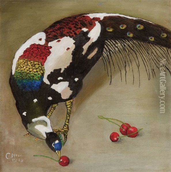 White Spotted Peacock Oil Painting - Karl Moser the Younger