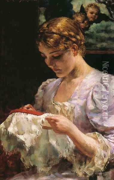 The Embroiderer Oil Painting - James Carroll Beckwith