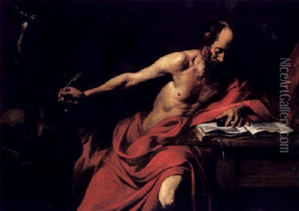 Saint Jerome In His Study Oil Painting - Valentin De Boulogne