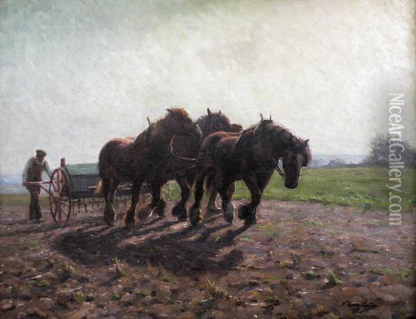 Farmer And Three Heavy Horses Pulling A Seed Drill Oil Painting - William Evans Linton