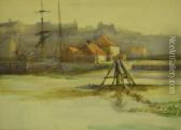 'low Tide Whitby Harbour' And Four Other Studies Of Fishing Boats Oil Painting - Charles Edward Wanless