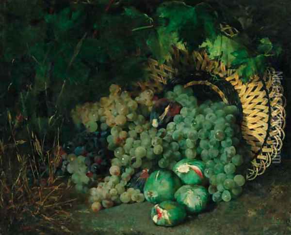 An upturned basket of grapes and figs Oil Painting - Sebastian Gessa Y Arias