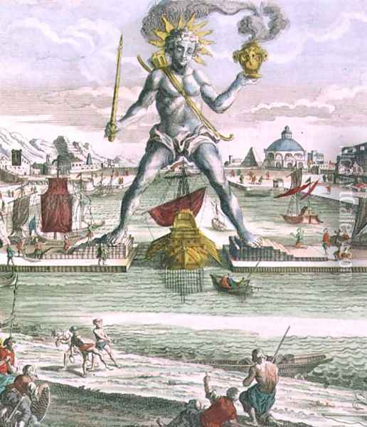The Colossus of Rhodes, detail of the statue straddling the entrance to the harbour Oil Painting - Georg Balthasar Probst