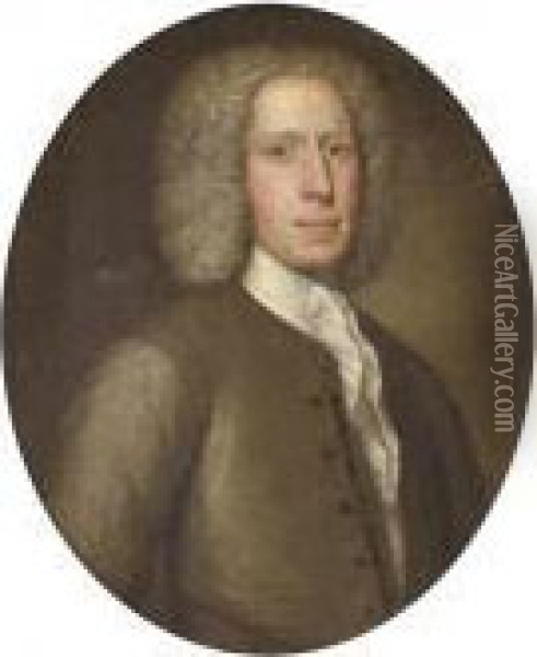 Portrait Of A Gentleman, Half-length, In A Grey Coat Oil Painting - Thomas Bardwell
