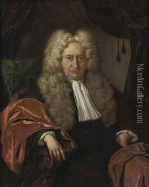 Portrait Of A Gentleman, Three-quarter-length, In A Black Costumeand A Red Velvet Cloak, Seated In A Chair Oil Painting - Jan Maurits Quinkhard